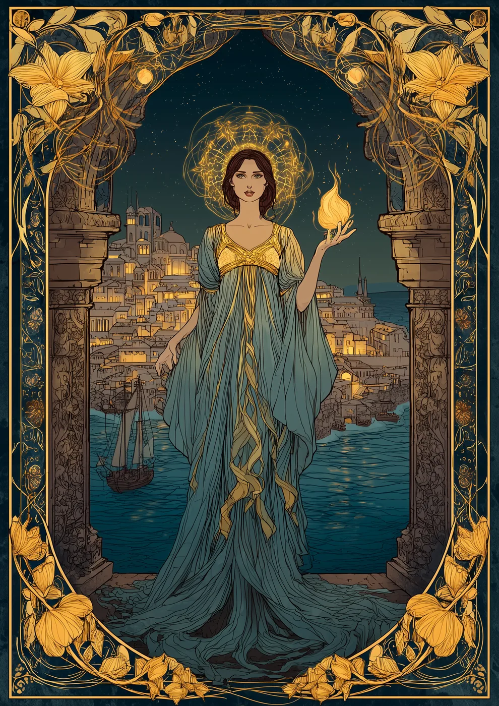 Une femme dans une arche de pierre tend une flamme d'or vers le regardeur, la ville portuaire et la mer sous la nuit — le feu offert.