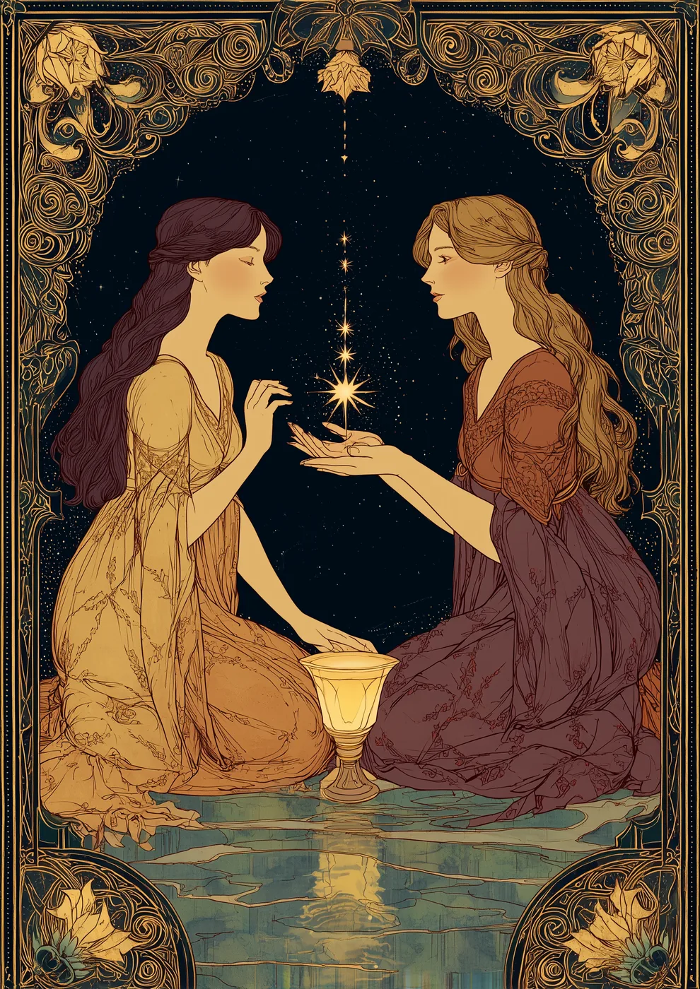 Deux femmes assises face à face en miroir ; une étoile d'or naît entre elles, l'autre l'abrite de ses mains — la maïeutique.