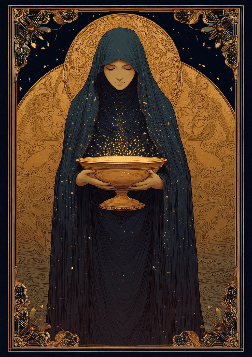 Une femme voilée de bleu nuit présente une large vasque d'or d'où s'élèvent des étoiles naissantes — le réceptacle qui accueille.