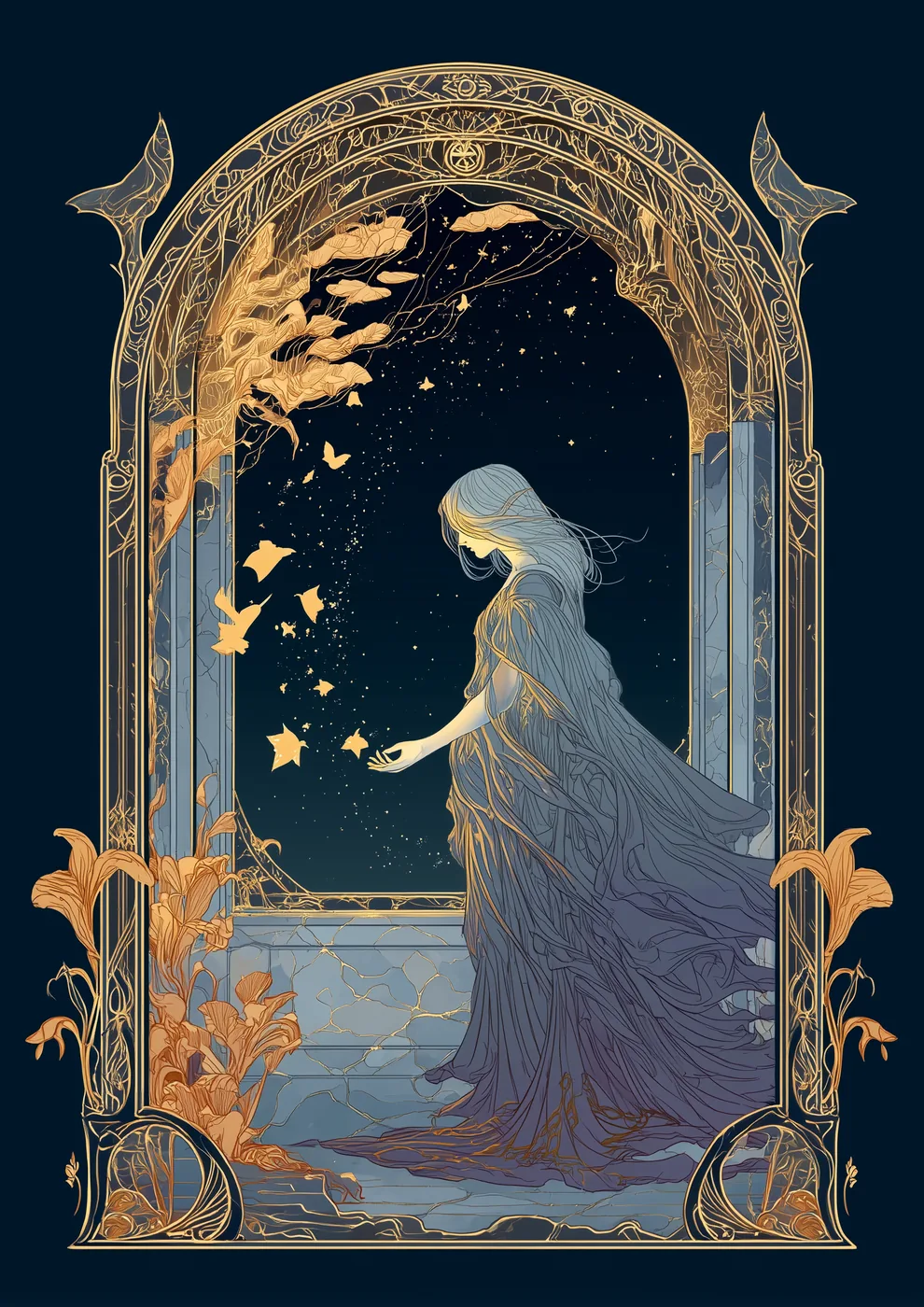 Une figure tissée de nuit s'écarte d'une alcôve de marbre où des formes d'or viennent à l'existence — le réceptacle qui s'efface pour laisser advenir.