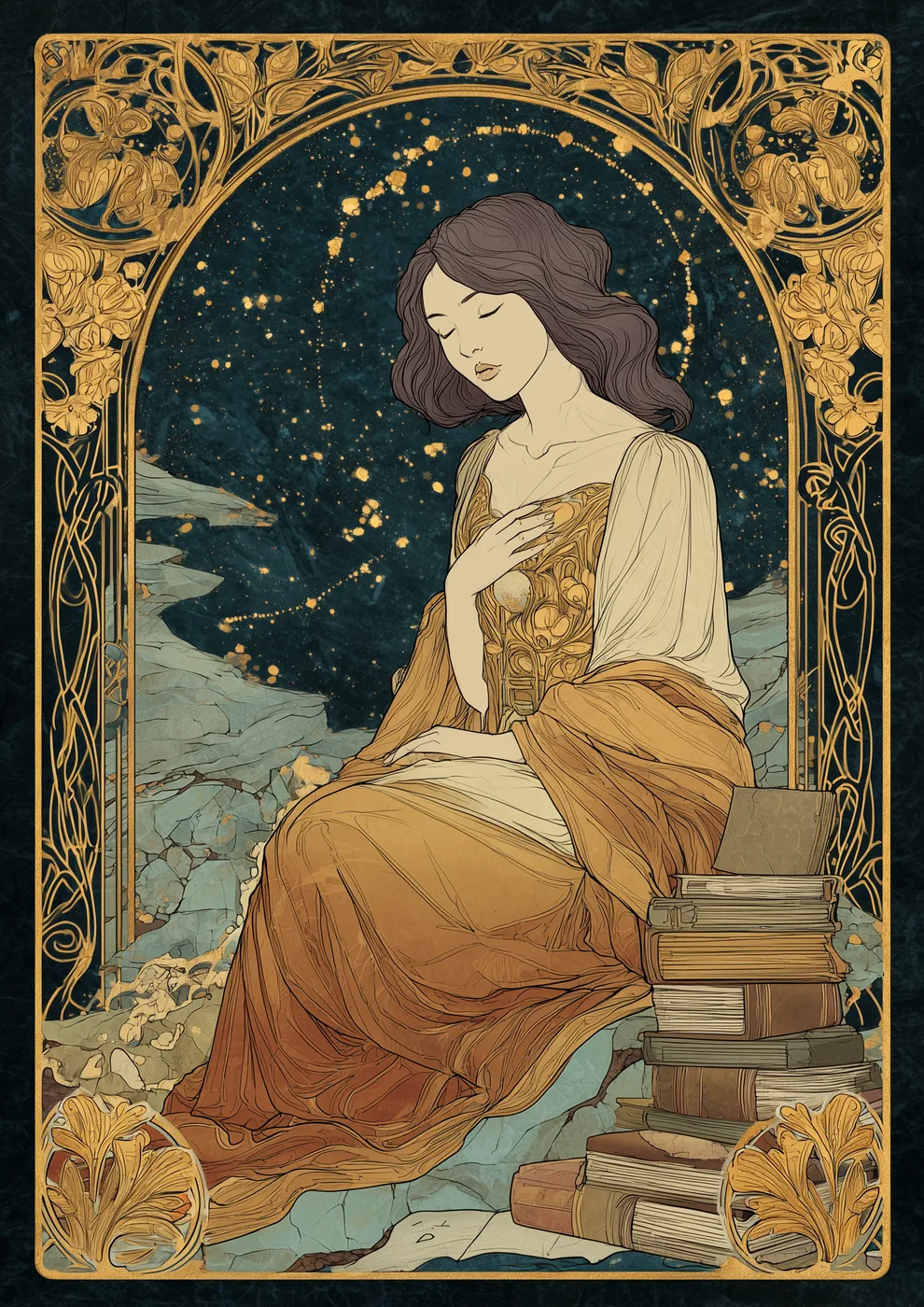 Une femme assise, les yeux clos, porte un ciel étoilé à l'ouverture de sa robe, des livres refermés posés près d'elle — l'expérience avant le discours.
