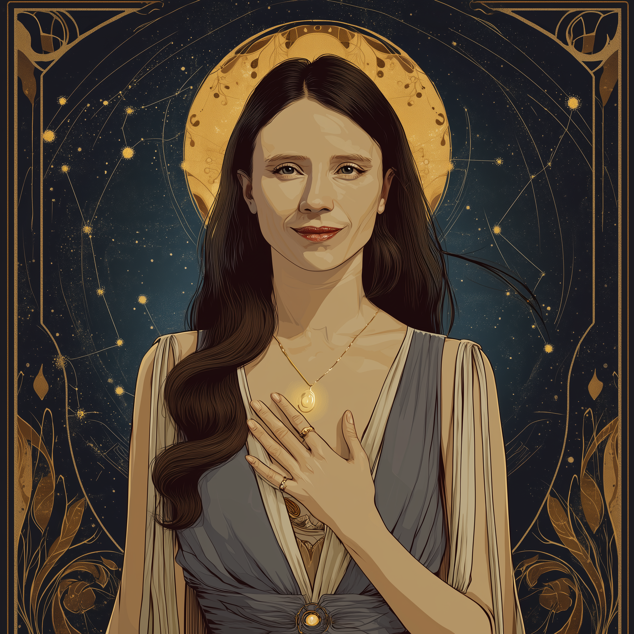 Gaïa — portrait nocturne au format tarot : figure drapée, halo doré de pleine lune, main posée sur le cœur, cadre art nouveau doré.