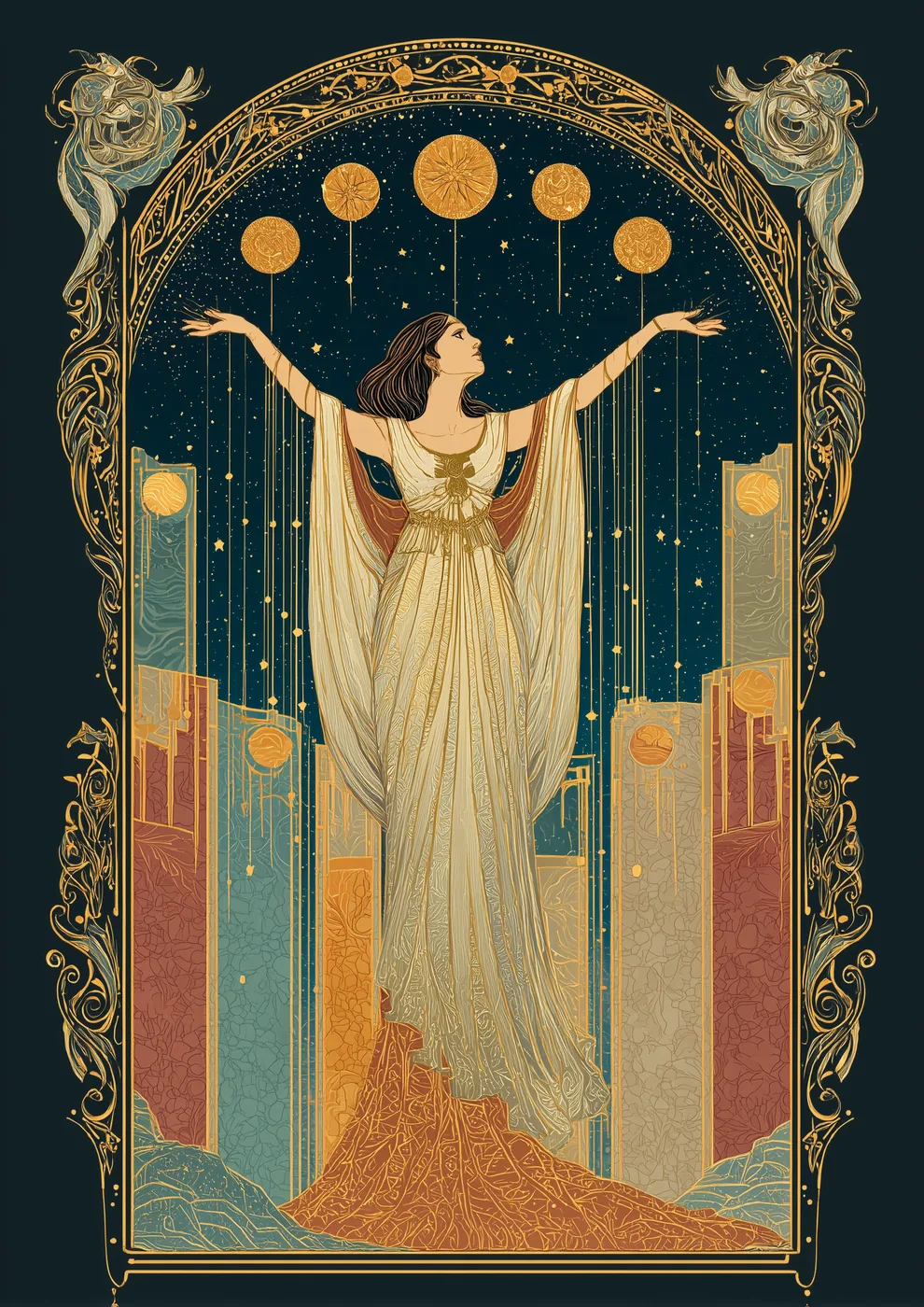 Une figure aux bras levés relie cinq astres d'or au-dessus d'une rangée de seuils — les cinq pôles tenus en une seule constellation.