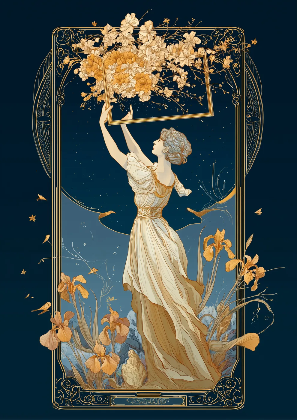 Une femme tient à bout de bras un cadre d'or immobile d'où déborde un jardin nocturne en fleurs — le cadre ferme, le contenu libre.