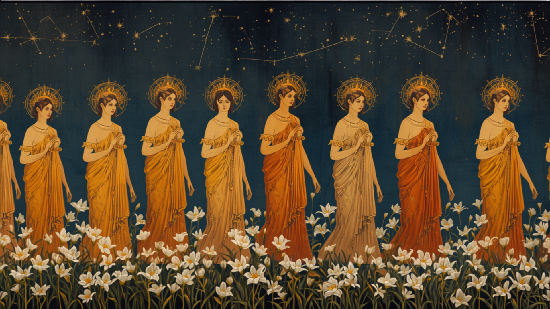 La fresque de la procession — figures en marche sous la nuit étoilée.